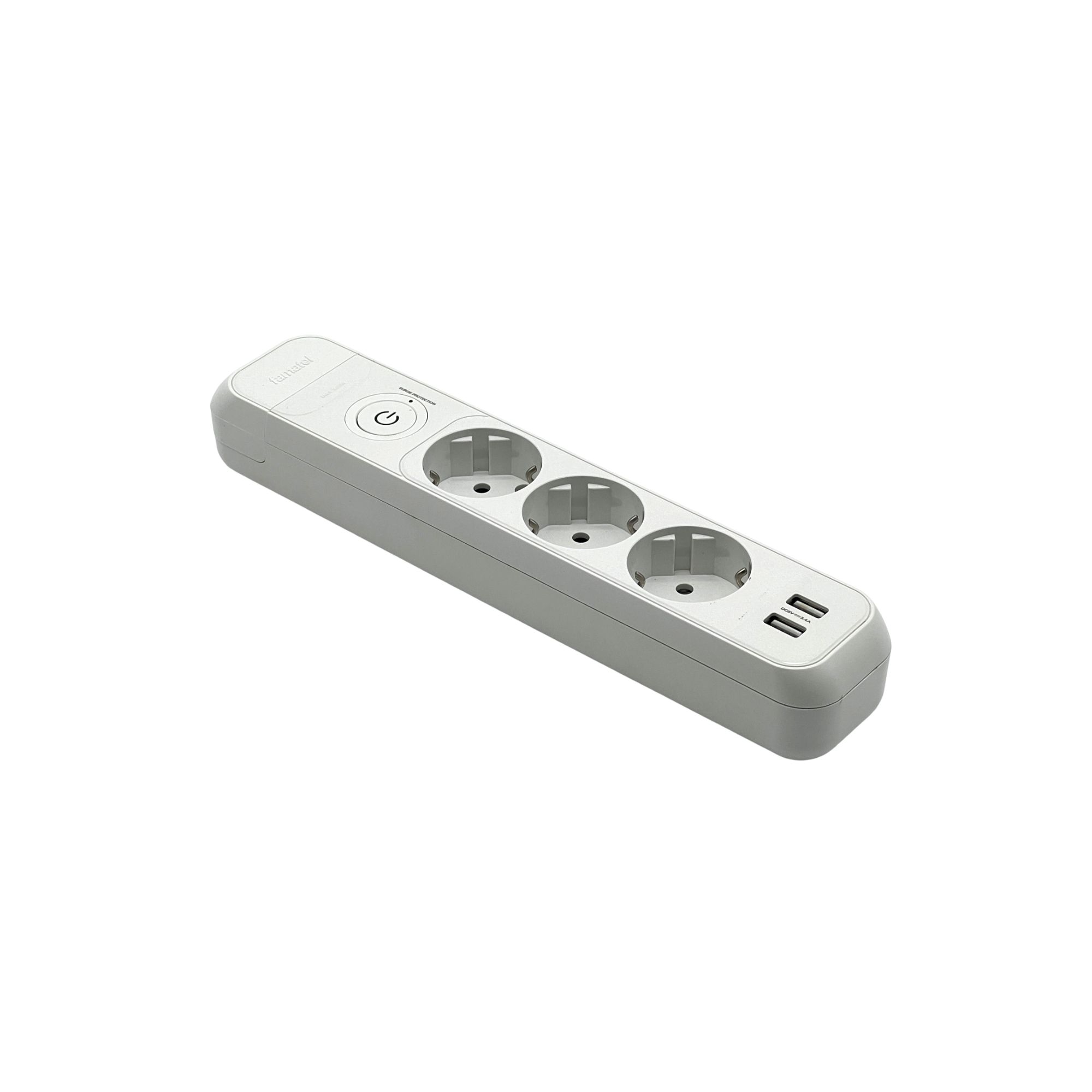 Pistikupesa 3ne lülitiga, 2xUSB-A, ülepingekaitse, valge, Famatel