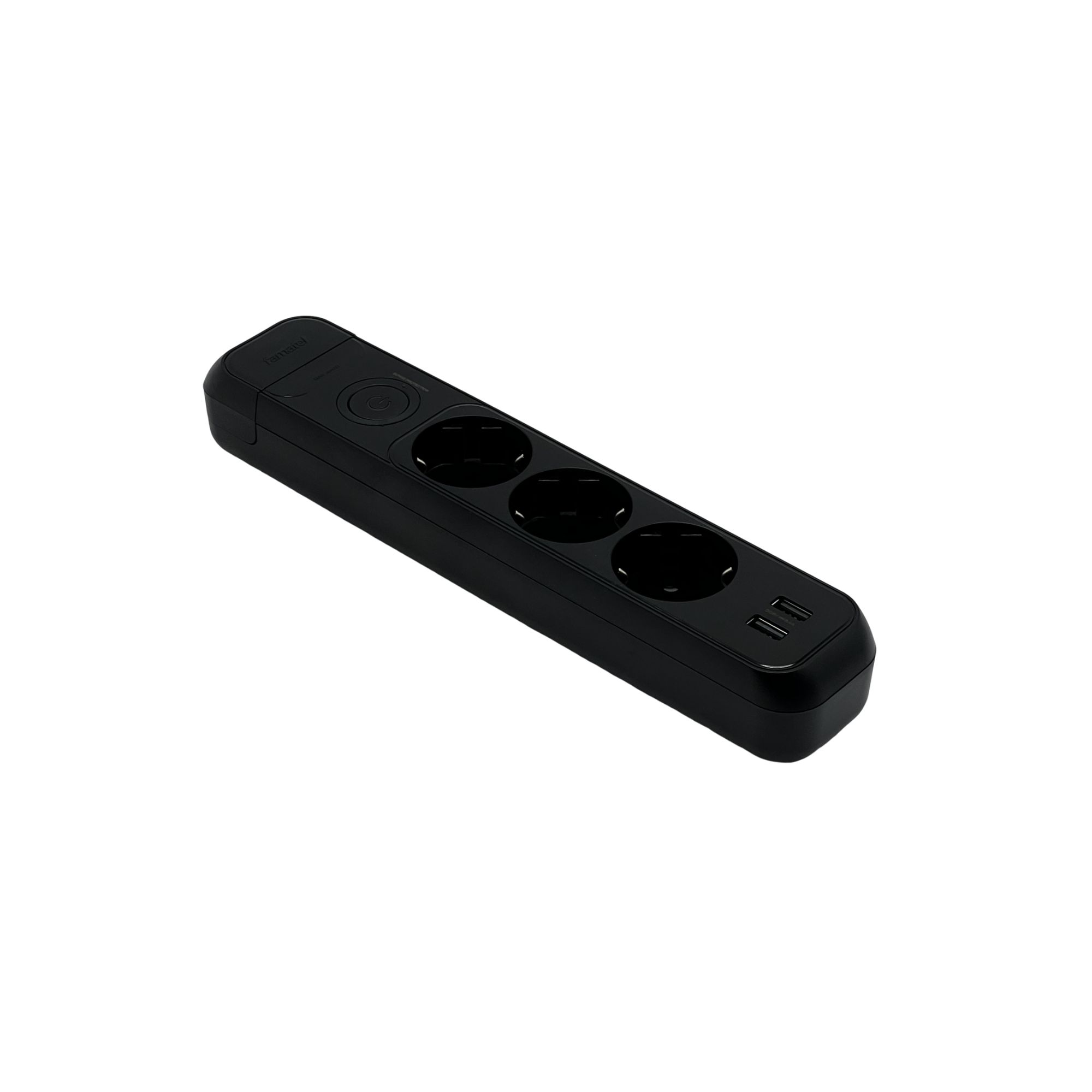 Pistikupesa 3ne lülitiga, 2xUSB-A, ülepingekaitse, must, Famatel